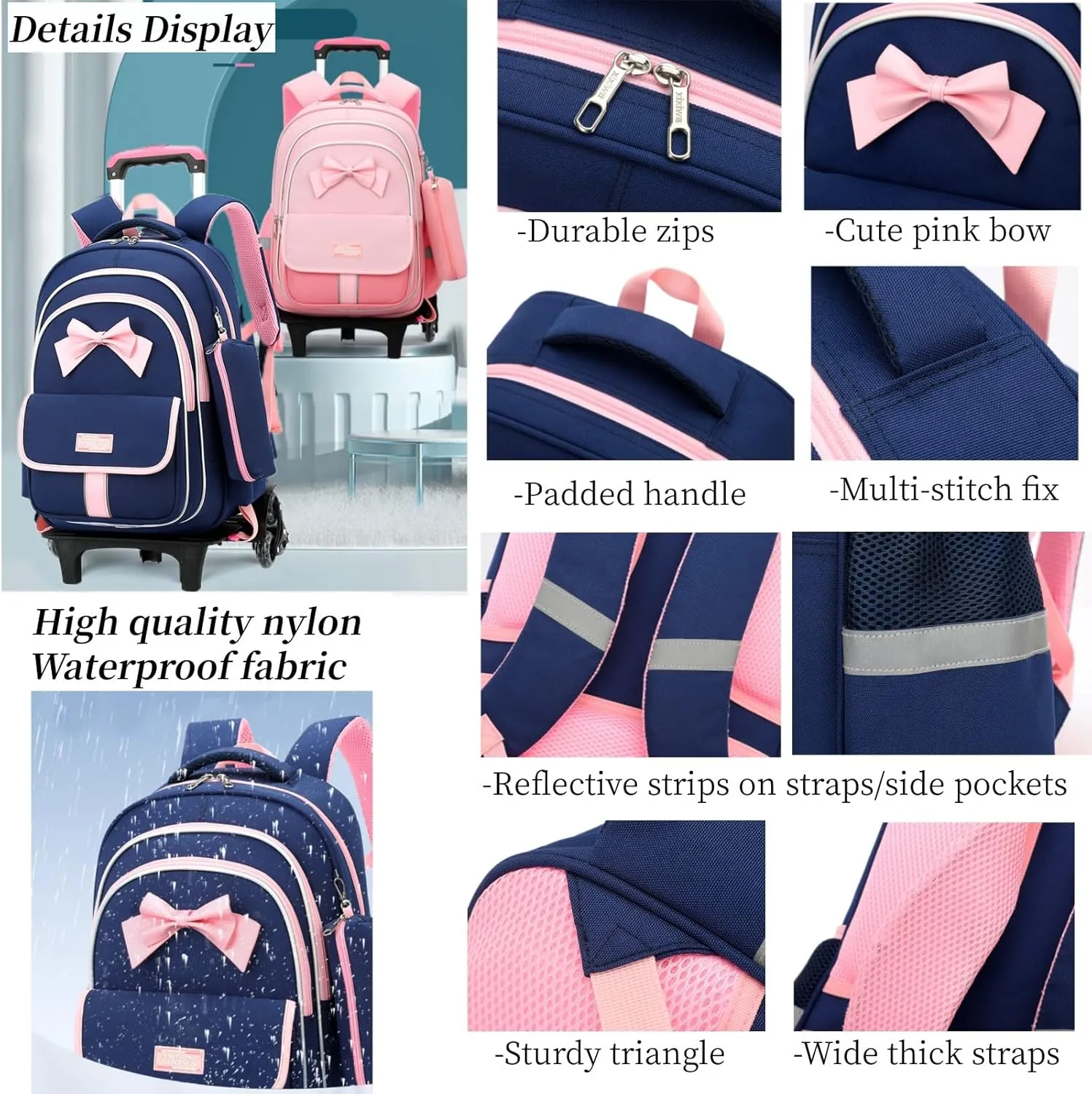 MITOWERMI Rolling Backpack for Girls 3Pcs Elementary School Bag Cute Bowknot Backpack with Wheels Girls Bookbags with Handbag Trolley Bags Kids Carry-On Luggage