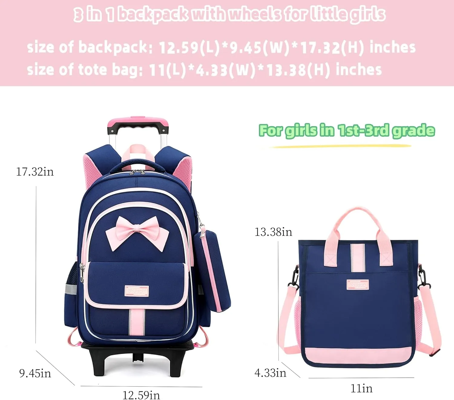MITOWERMI Rolling Backpack for Girls 3Pcs Elementary School Bag Cute Bowknot Backpack with Wheels Girls Bookbags with Handbag Trolley Bags Kids Carry-On Luggage