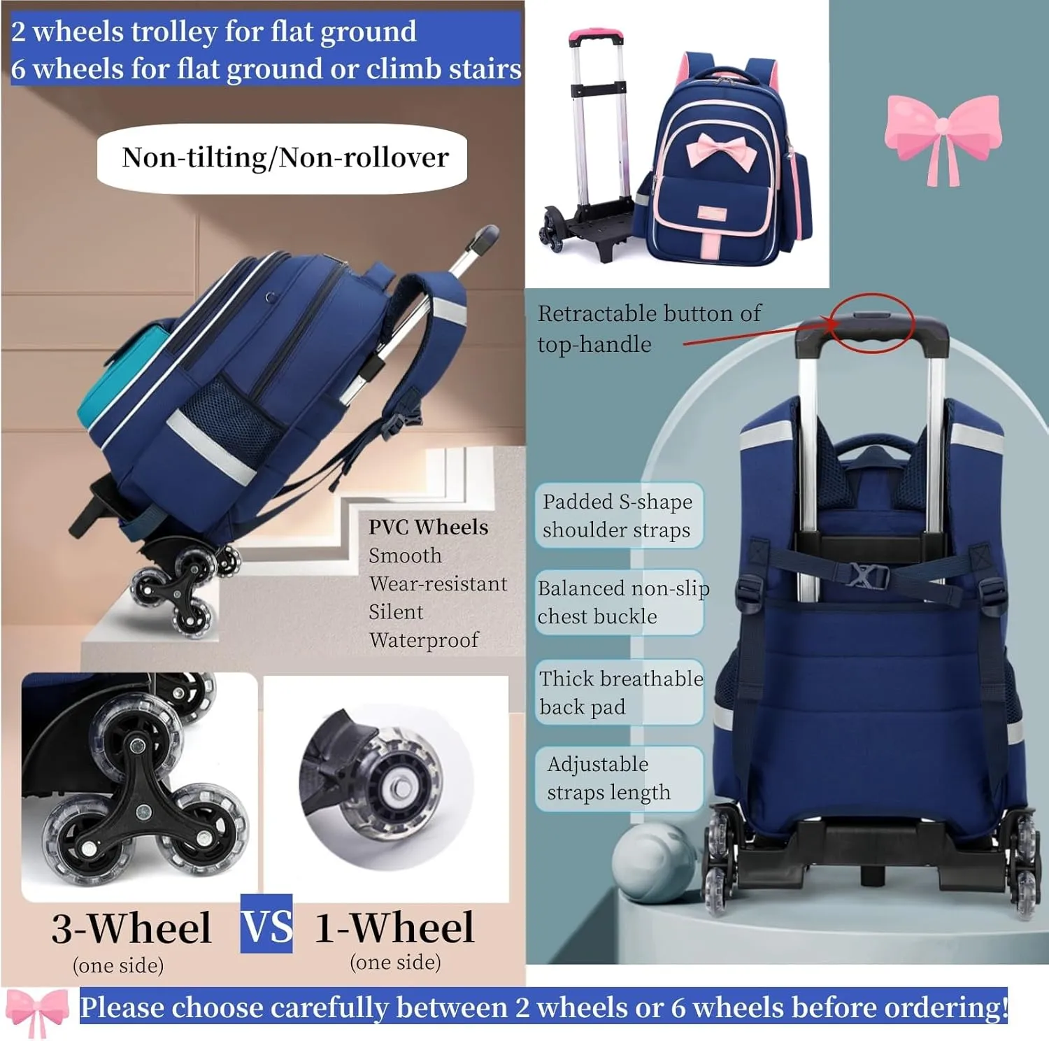 MITOWERMI Rolling Backpack for Girls 3Pcs Elementary School Bag Cute Bowknot Backpack with Wheels Girls Bookbags with Handbag Trolley Bags Kids Carry-On Luggage