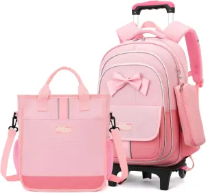MITOWERMI Rolling Backpack for Girls 3Pcs Elementary School Bag Cute Bowknot Backpack with Wheels Girls Bookbags with Handbag Trolley Bags Kids Carry-On Luggage