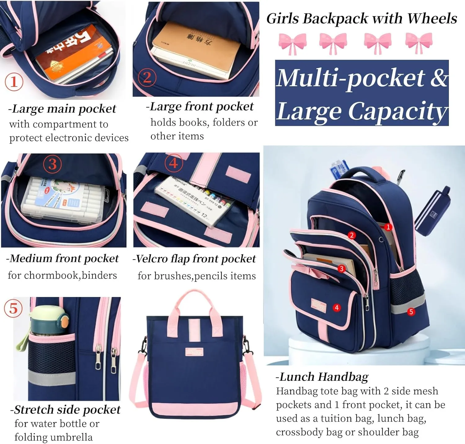 MITOWERMI Rolling Backpack for Girls 3Pcs Elementary School Bag Cute Bowknot Backpack with Wheels Girls Bookbags with Handbag Trolley Bags Kids Carry-On Luggage