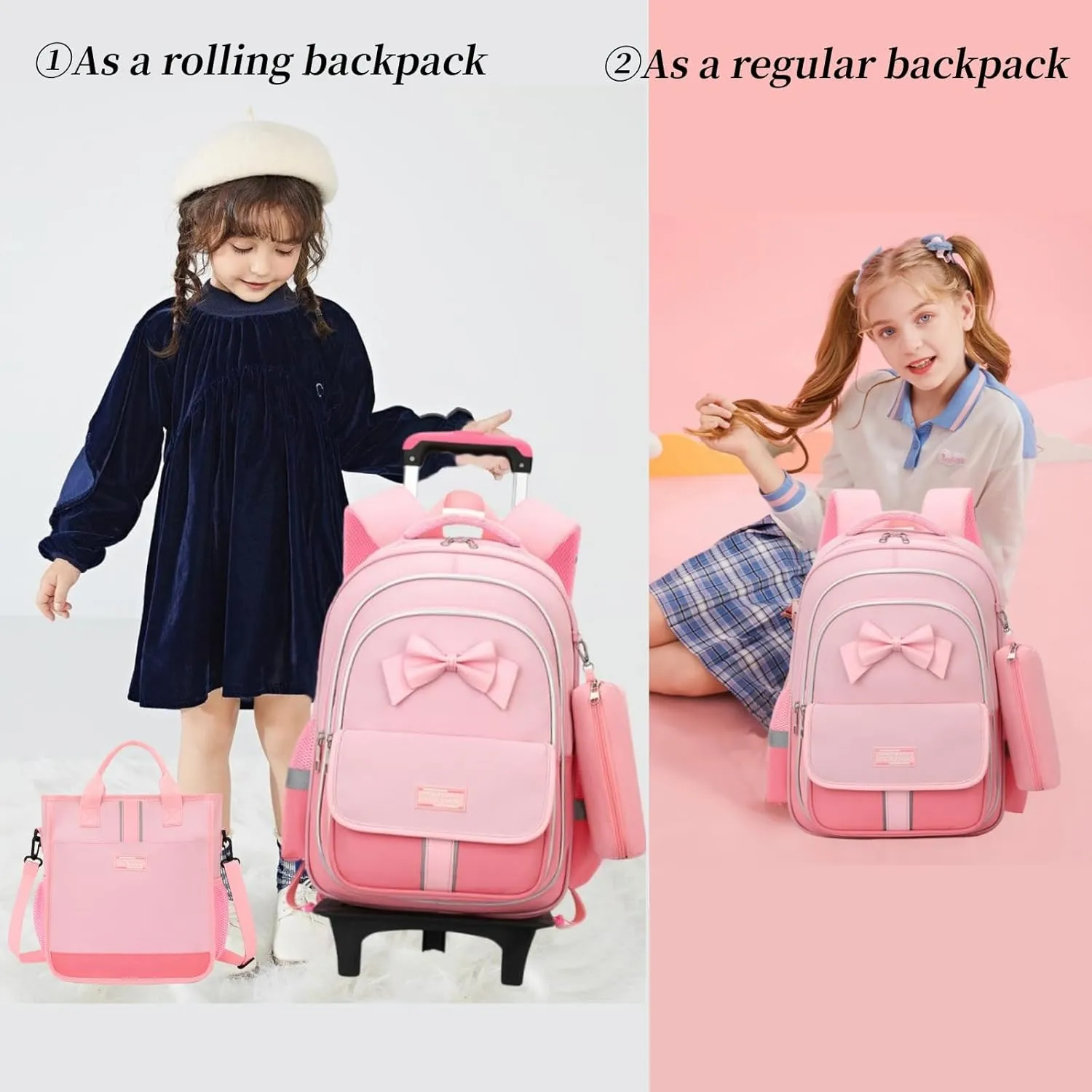 MITOWERMI Rolling Backpack for Girls 3Pcs Elementary School Bag Cute Bowknot Backpack with Wheels Girls Bookbags with Handbag Trolley Bags Kids Carry-On Luggage
