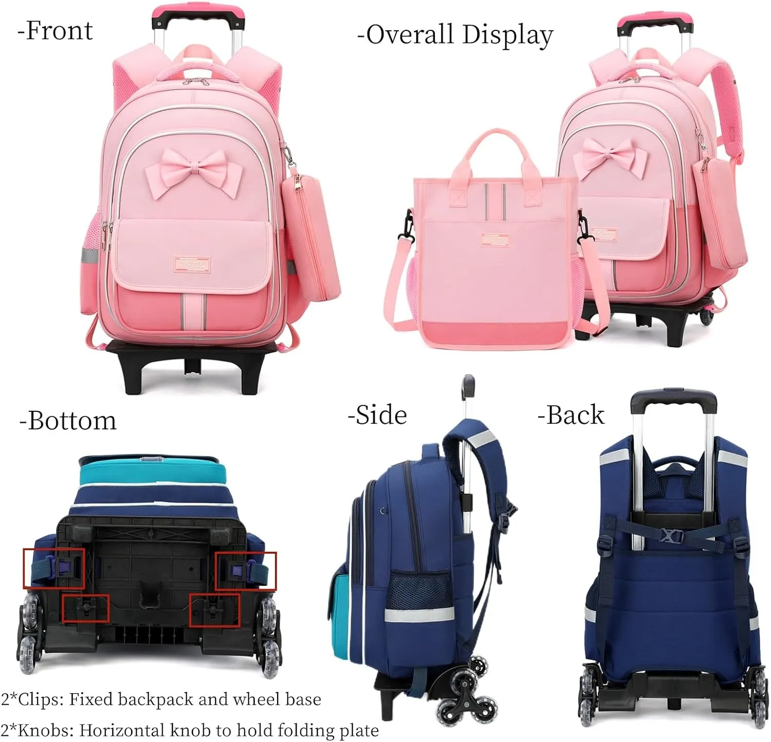 MITOWERMI Rolling Backpack for Girls 3Pcs Elementary School Bag Cute Bowknot Backpack with Wheels Girls Bookbags with Handbag Trolley Bags Kids Carry-On Luggage