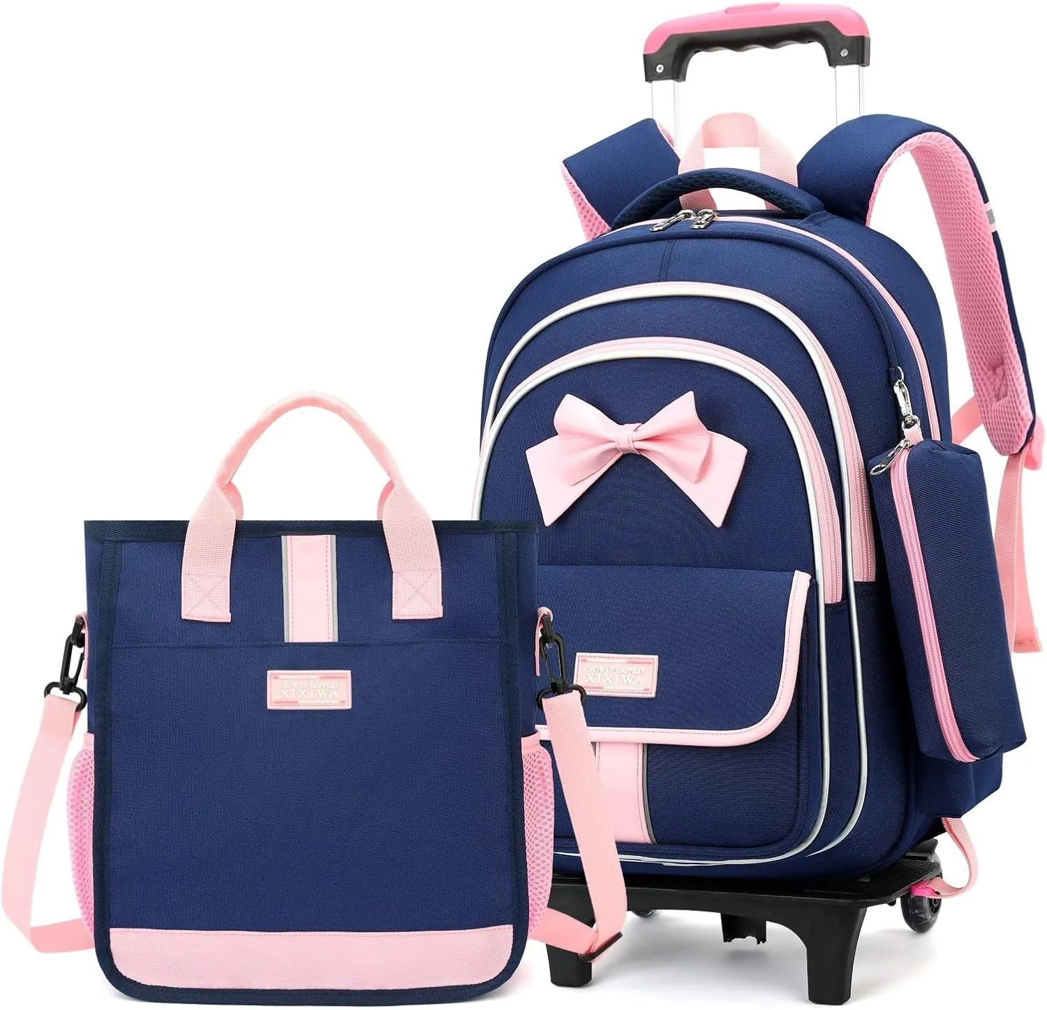 MITOWERMI Rolling Backpack for Girls 3Pcs Elementary School Bag Cute Bowknot Backpack with Wheels Girls Bookbags with Handbag Trolley Bags Kids Carry-On Luggage