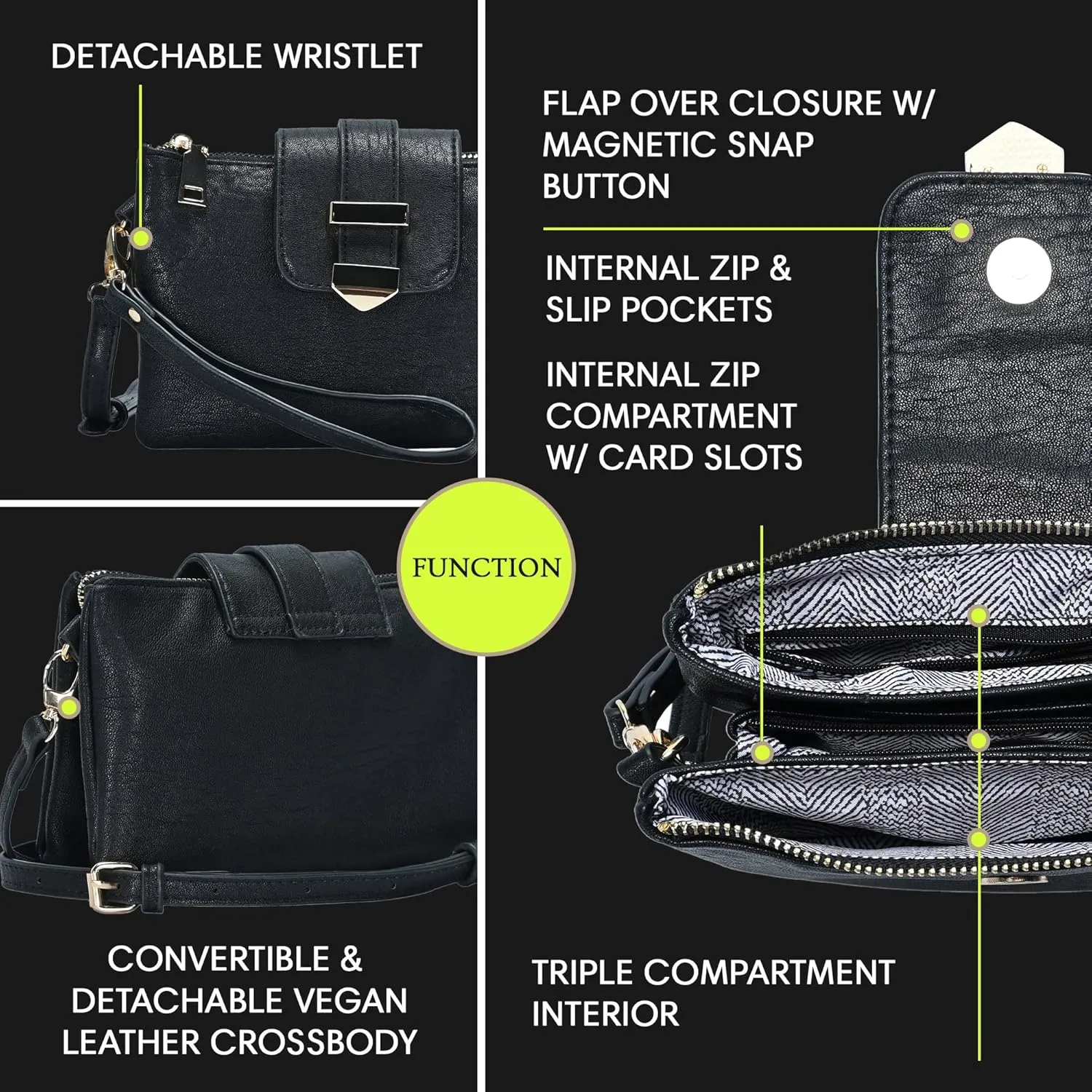 Miztique Dara Convertible Crossbody | Vegan Leather Wristlet with Detachable Crossbody Strap |