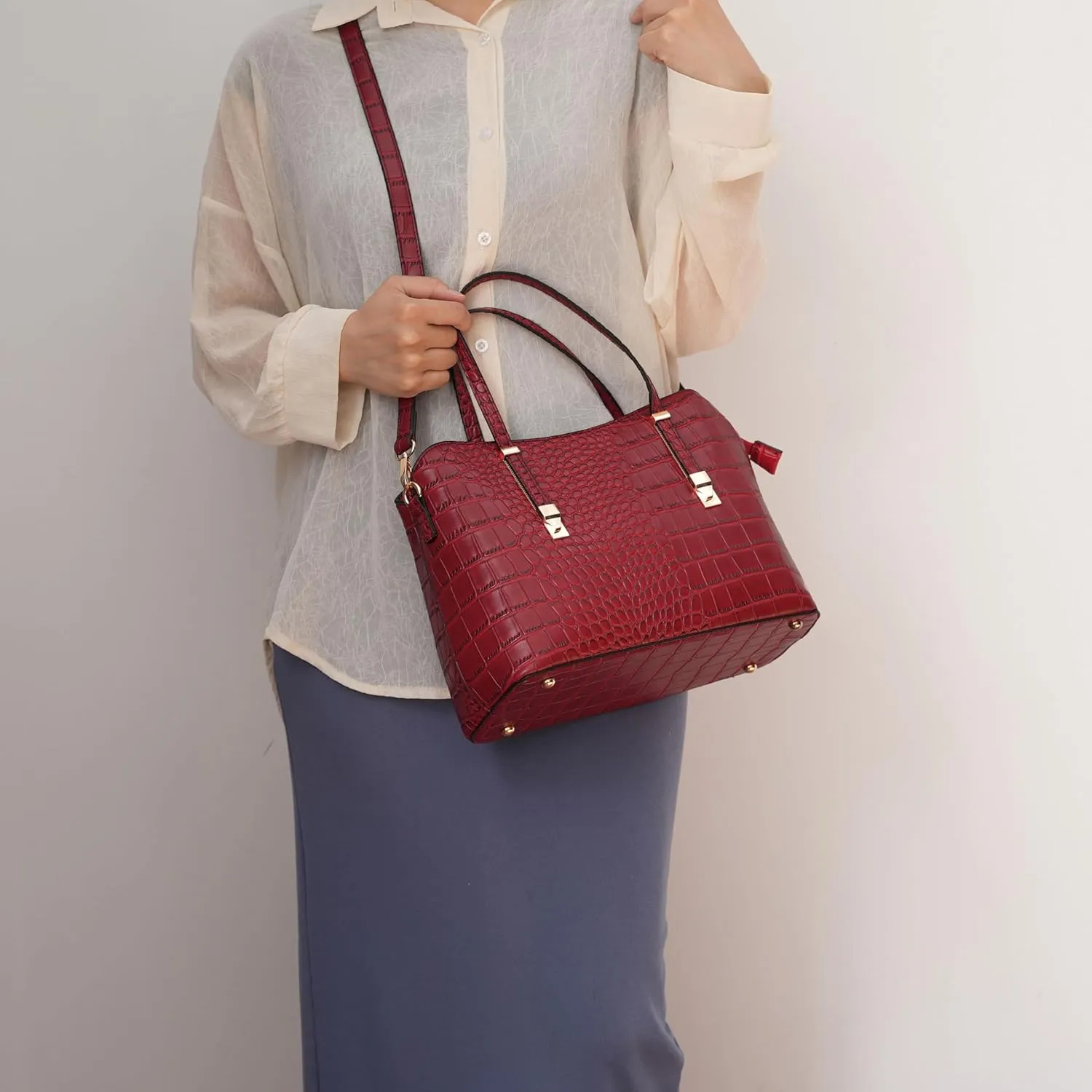 MKF Collection Tote Bag for Women, Crocodile Embossed Vegan Leather Fashion Designer Satchel Handbag Crossover