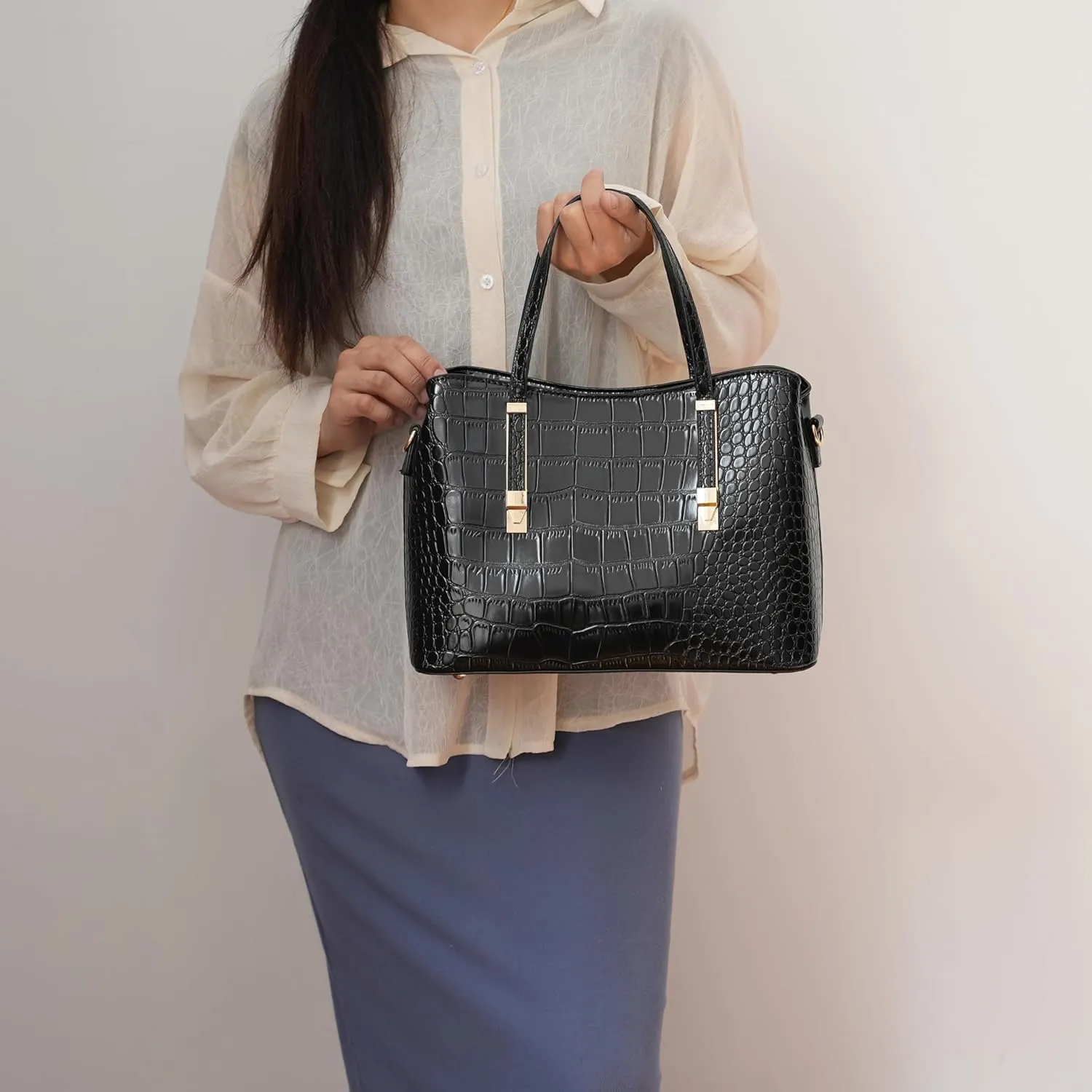 MKF Collection Tote Bag for Women, Crocodile Embossed Vegan Leather Fashion Designer Satchel Handbag Crossover