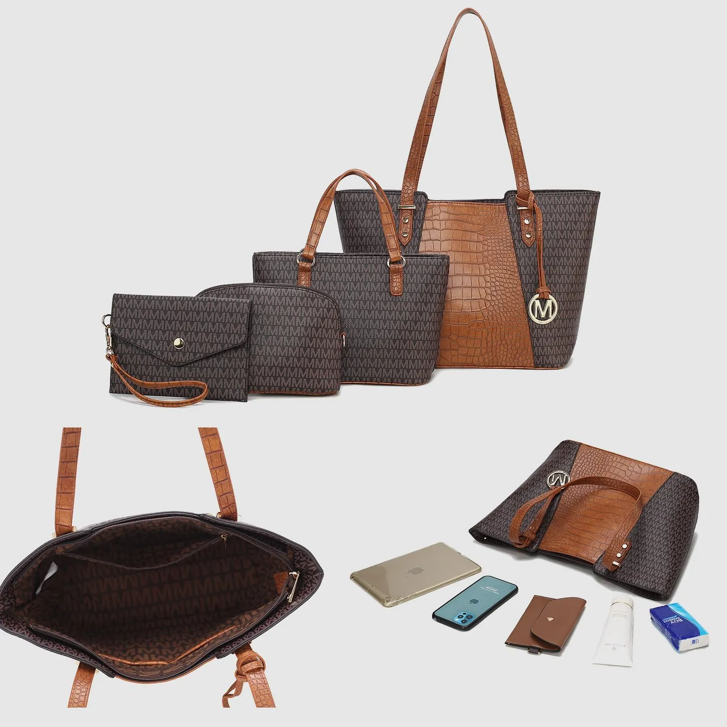 MKF Collection Tote Bag for Women, Shoulder Handbag & Wristlet Pouch Purse Top Handle Vegan Leather 4Pcs Set Pocketbook
