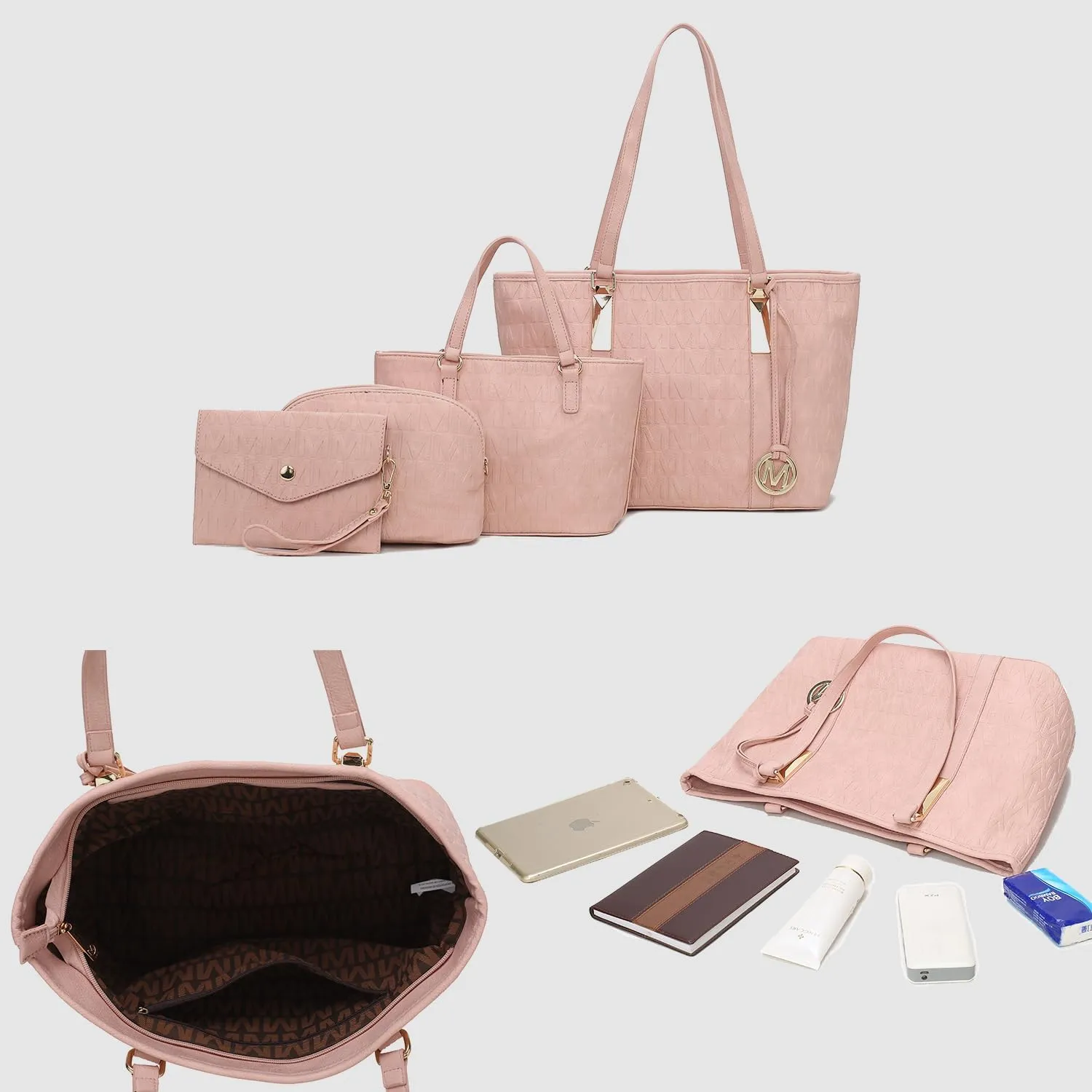 MKF Collection Tote Bag for Women, Shoulder Handbag & Wristlet Pouch Purse Top Handle Vegan Leather 4Pcs Set Pocketbook