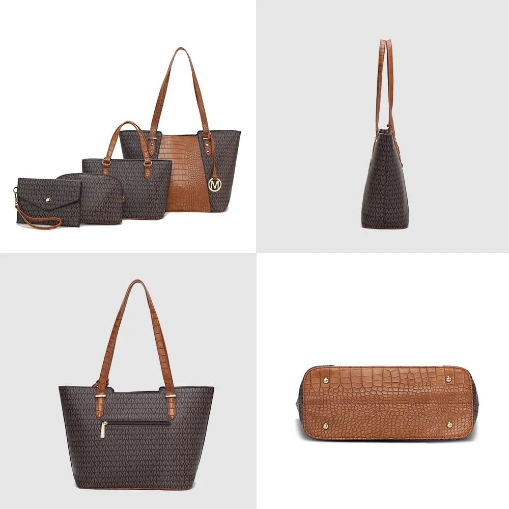 MKF Collection Tote Bag for Women, Shoulder Handbag & Wristlet Pouch Purse Top Handle Vegan Leather 4Pcs Set Pocketbook
