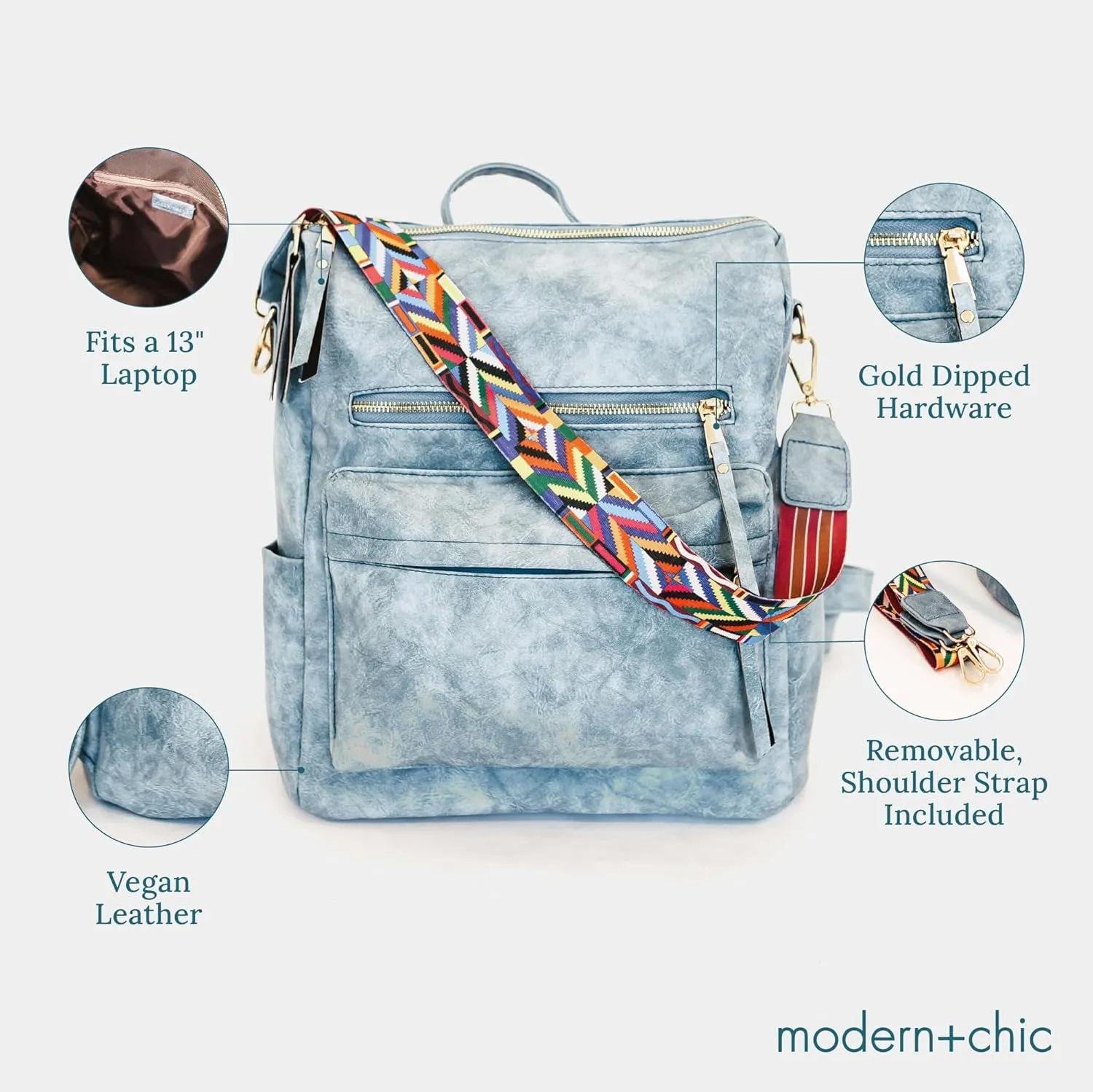 Modern Chic Backpack Purse for Women - Brielle Convertible Bag, Use as Diaper & Shoulder Bag, or Womens Backpack, Made of Vegan Leather with Removable Strap and Exterior/Interior Pockets (Sky Blue)