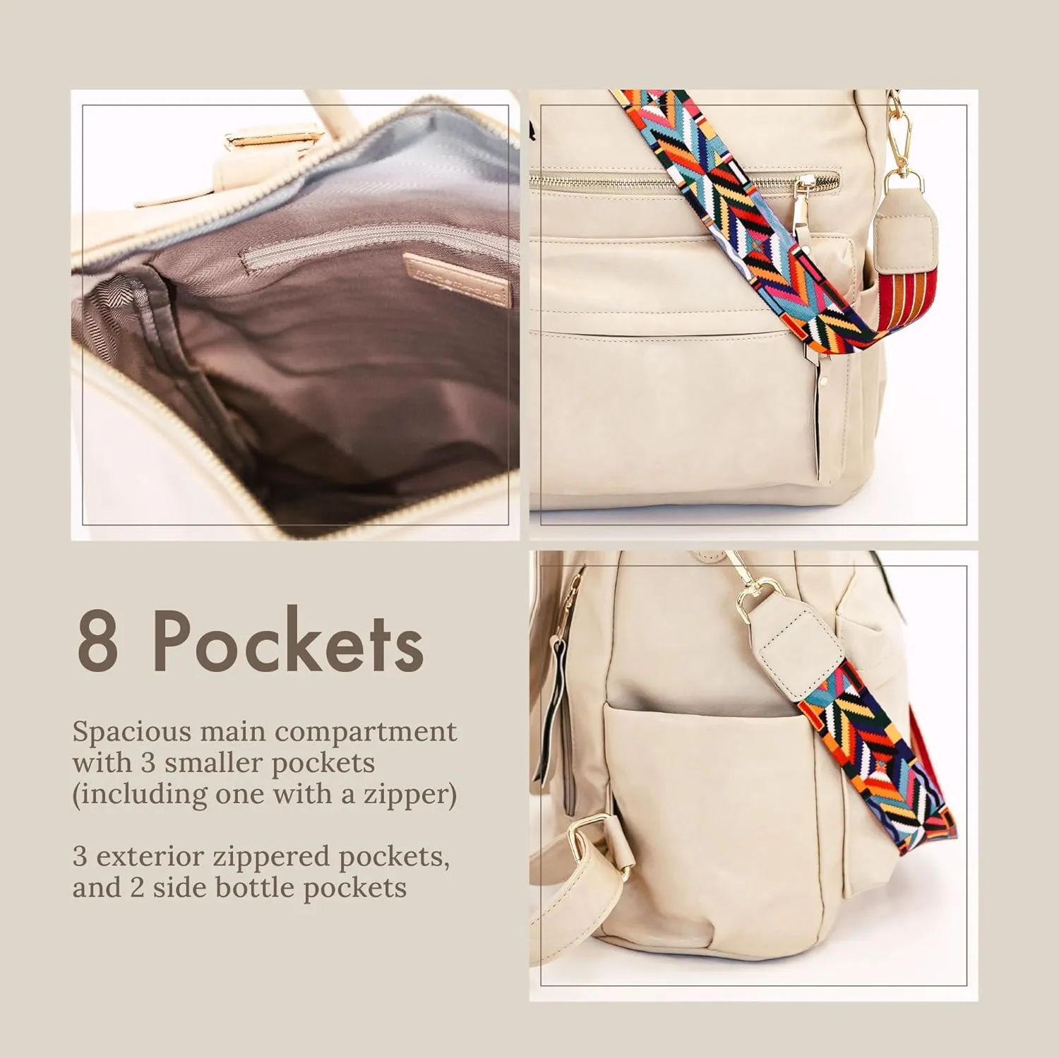 Modern Chic Backpack Purse for Women - Brielle Convertible Bag, Use as Diaper Bag, Shoulder Bag, or Womens Backpack, Made of Vegan Leather with Removable Strap and Exterior/Interior Pockets (Cream)