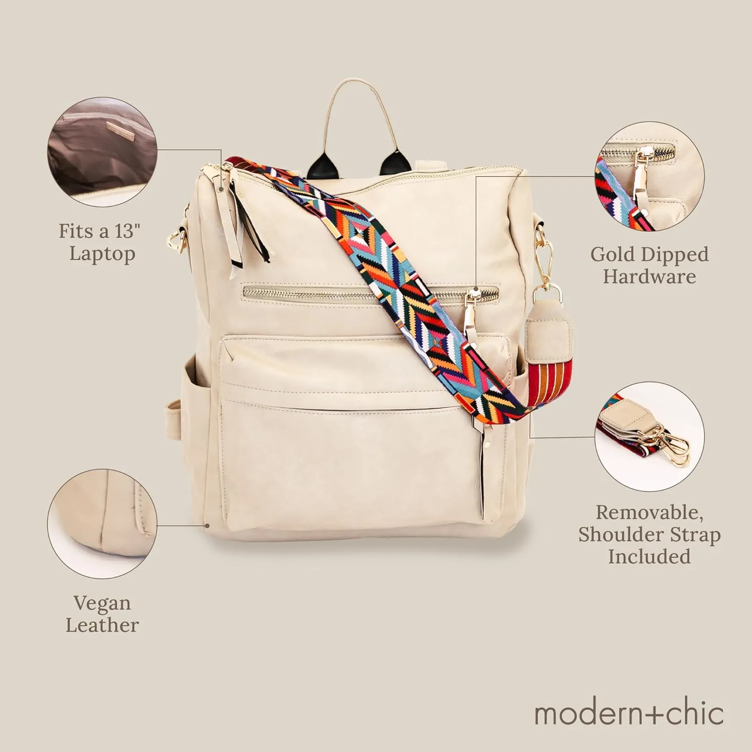 Modern Chic Backpack Purse for Women - Brielle Convertible Bag, Use as Diaper Bag, Shoulder Bag, or Womens Backpack, Made of Vegan Leather with Removable Strap and Exterior/Interior Pockets (Cream)