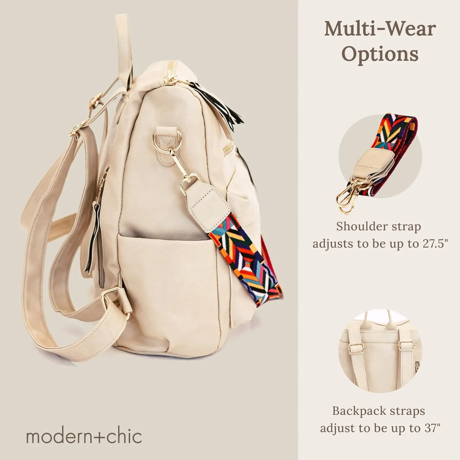 Modern Chic Backpack Purse for Women - Brielle Convertible Bag, Use as Diaper Bag, Shoulder Bag, or Womens Backpack, Made of Vegan Leather with Removable Strap and Exterior/Interior Pockets (Cream)