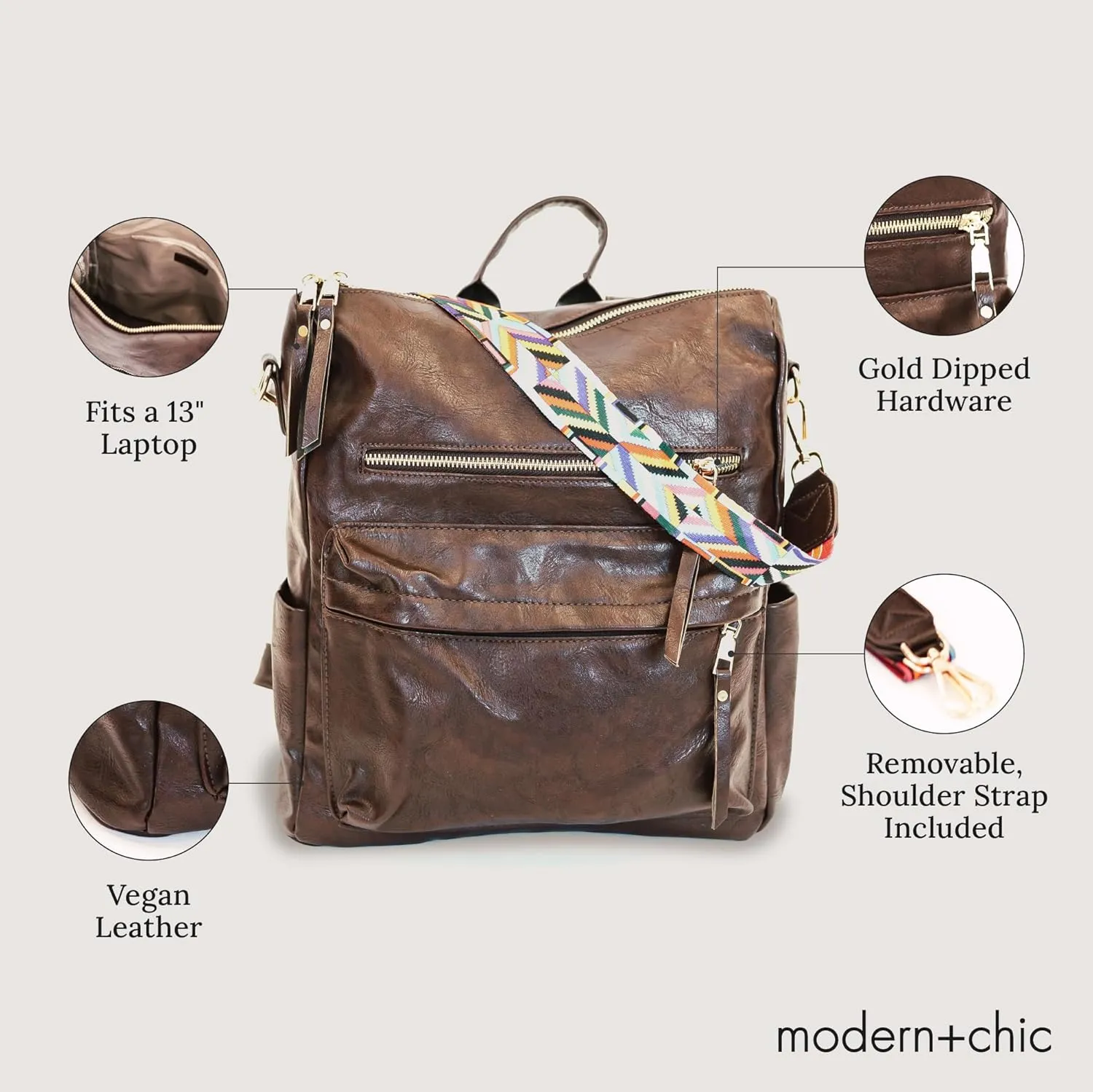 Modern Chic Backpack Purse for Women - Brielle Convertible Bag, Use as Diaper Bag, Shoulder Bag, or Womens Backpack, Made of Vegan Leather with Removable Strap and Exterior/Interior Pockets (Mocha)