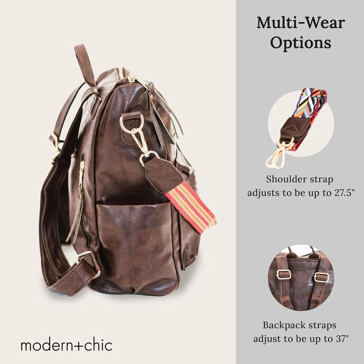 Modern Chic Backpack Purse for Women - Brielle Convertible Bag, Use as Diaper Bag, Shoulder Bag, or Womens Backpack, Made of Vegan Leather with Removable Strap and Exterior/Interior Pockets (Mocha)