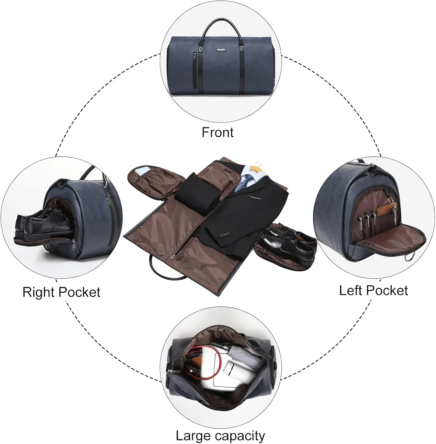 Modoker Convertible Leather Garment Bag, Carry on Garment Bags for Travel, Garment Duffel Bag, Gifts for Men Women Business Waterproof Suitcase Suit Travel Bags, Blue