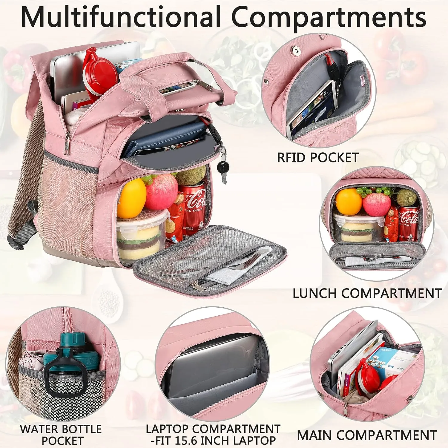 Mogplof Lunch backpack for women, Insulated Cooler Backpacks Lunch Box with RFID Pocket, Water-resistant BackPack with USB Port, 15.6 inch Laptop College for Nurse Work Travel, Pink