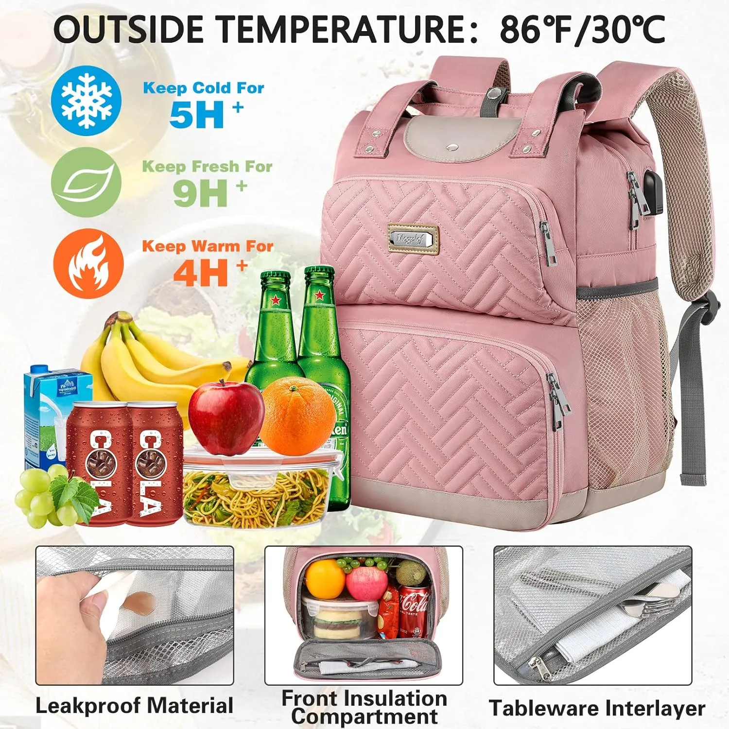 Mogplof Lunch backpack for women, Insulated Cooler Backpacks Lunch Box with RFID Pocket, Water-resistant BackPack with USB Port, 15.6 inch Laptop College for Nurse Work Travel, Pink