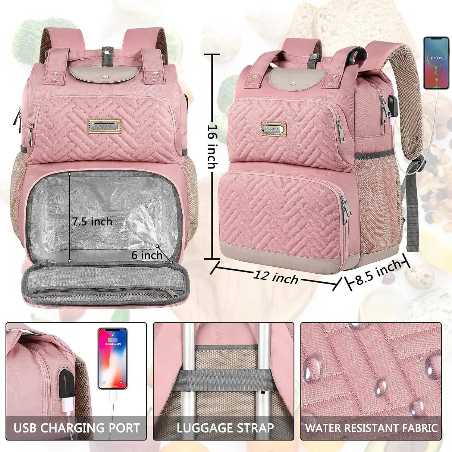 Mogplof Lunch backpack for women, Insulated Cooler Backpacks Lunch Box with RFID Pocket, Water-resistant BackPack with USB Port, 15.6 inch Laptop College for Nurse Work Travel, Pink