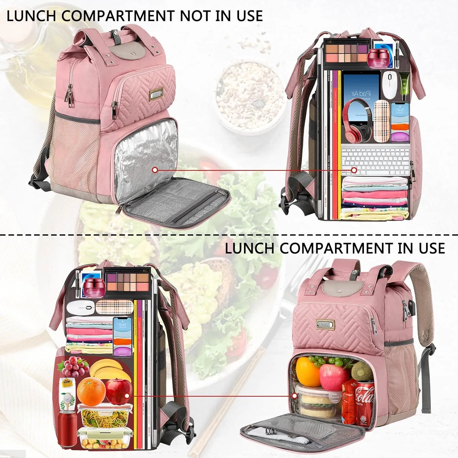 Mogplof Lunch backpack for women, Insulated Cooler Backpacks Lunch Box with RFID Pocket, Water-resistant BackPack with USB Port, 15.6 inch Laptop College for Nurse Work Travel, Pink