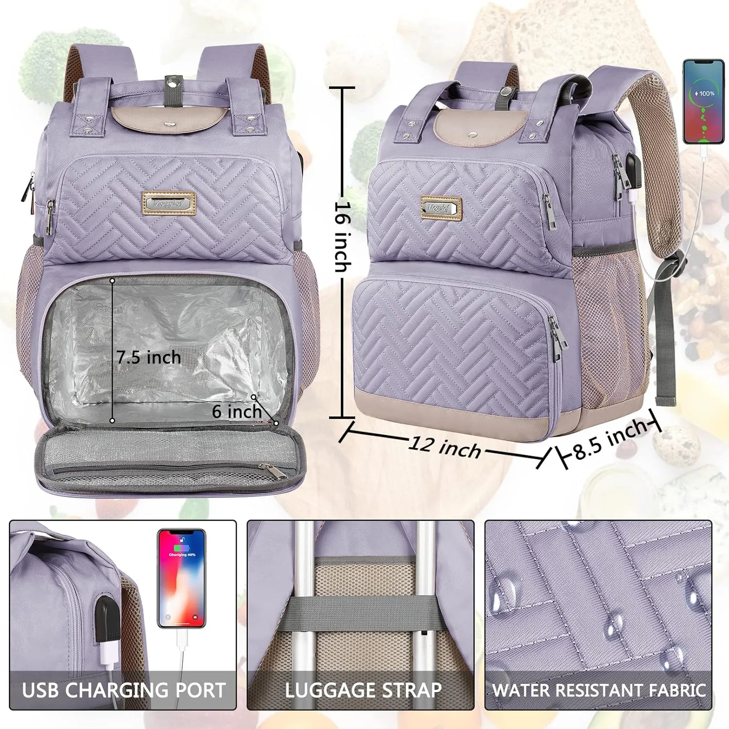 Mogplof Lunch Bag Backpack, Insulated Cooler Laptop Backpack Water-resistant with USB Port, 15.6 Inch Laptop Bookbag Food Backpacks for Work College Travel,Lunch Box Bag RFID for Women Nurse, Purple