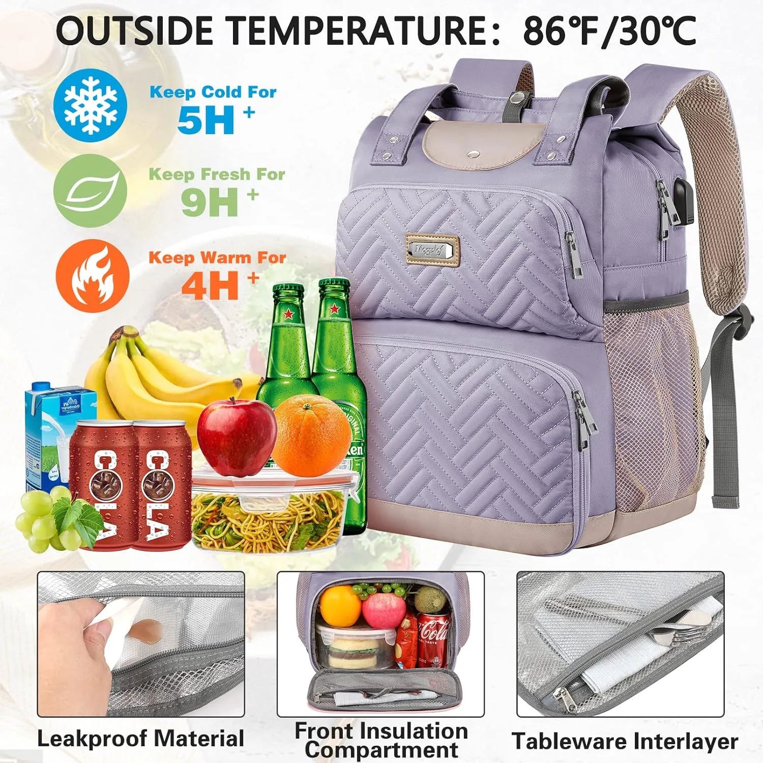Mogplof Lunch Bag Backpack, Insulated Cooler Laptop Backpack Water-resistant with USB Port, 15.6 Inch Laptop Bookbag Food Backpacks for Work College Travel,Lunch Box Bag RFID for Women Nurse, Purple
