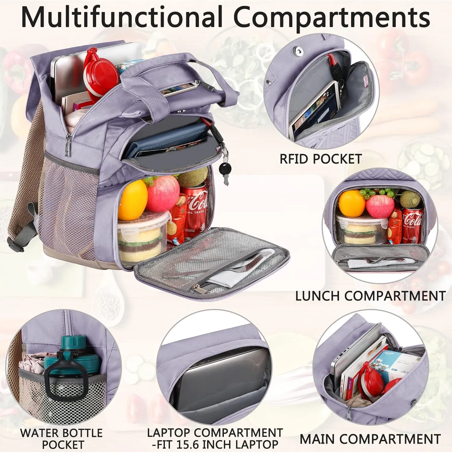 Mogplof Lunch Bag Backpack, Insulated Cooler Laptop Backpack Water-resistant with USB Port, 15.6 Inch Laptop Bookbag Food Backpacks for Work College Travel,Lunch Box Bag RFID for Women Nurse, Purple