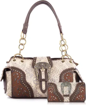 Montana West Handbag and Purse Concealed Carry Tote Bag for Women Leather Embroidered Western Design Satchel with Wallets Set