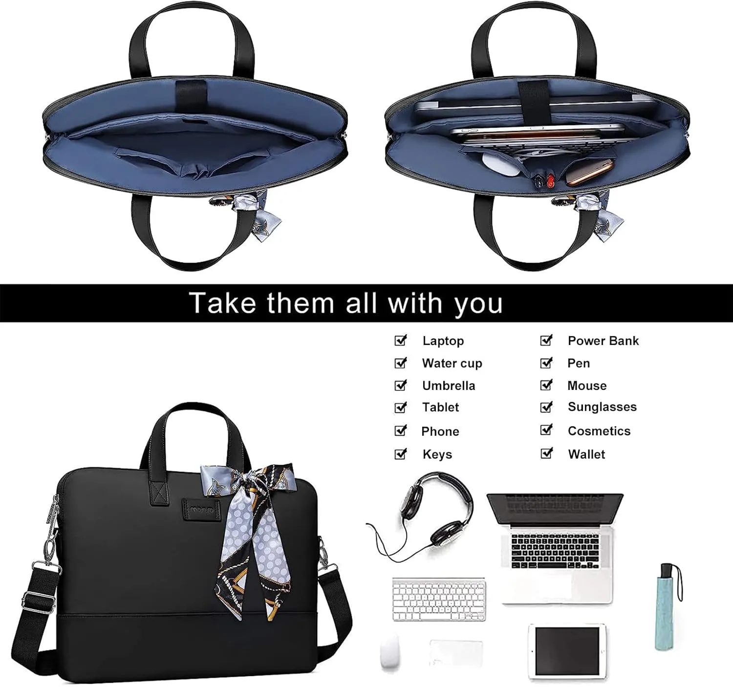 MOSISO Laptop Bag for Women, 13.3 inch Computer Bag Compatible with MacBook, HP, Dell, Lenovo, Asus, Razer Notebook, Laptop Shoulder Briefcase with Strap and Silk Scarf, Black