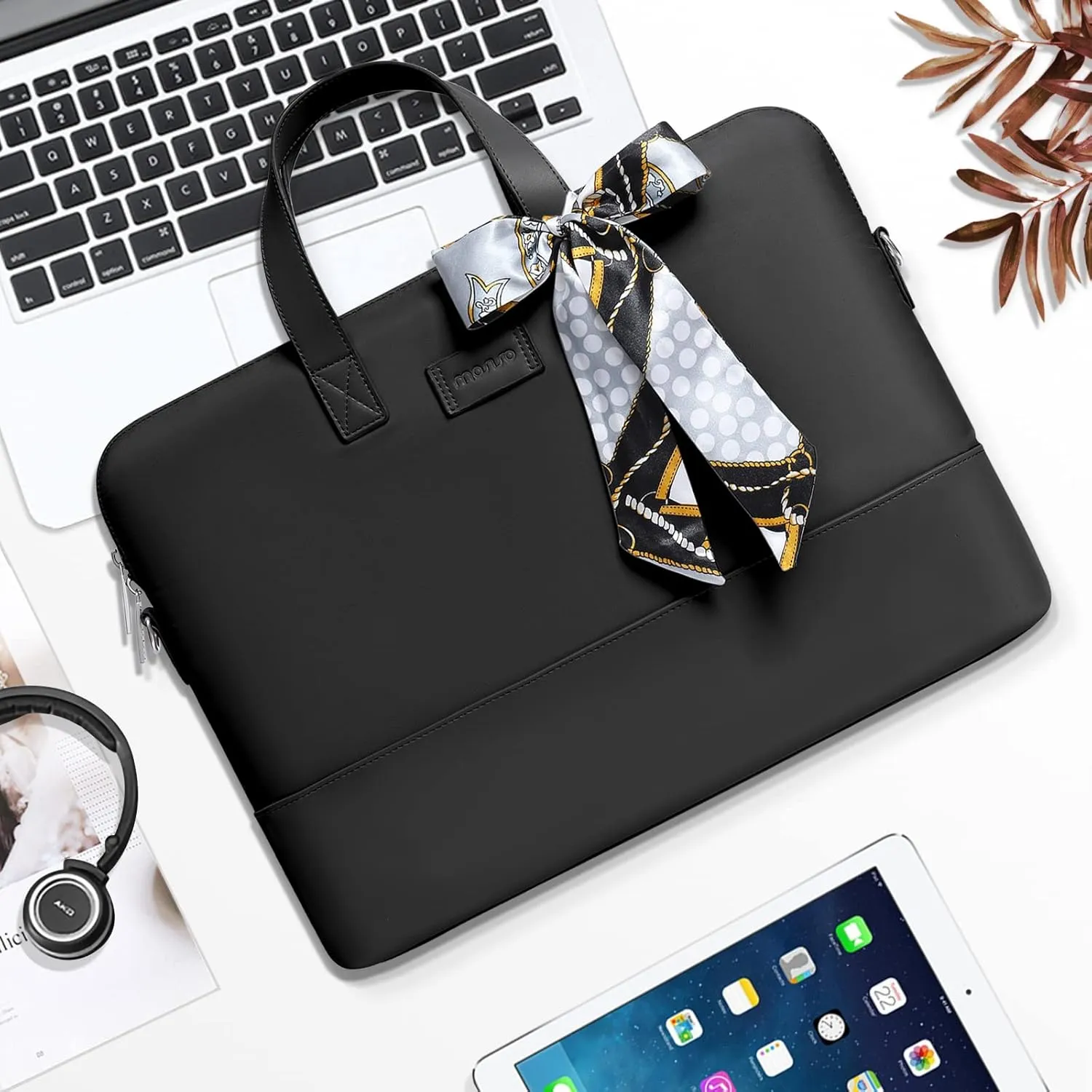 MOSISO Laptop Bag for Women, 13.3 inch Computer Bag Compatible with MacBook, HP, Dell, Lenovo, Asus, Razer Notebook, Laptop Shoulder Briefcase with Strap and Silk Scarf, Black