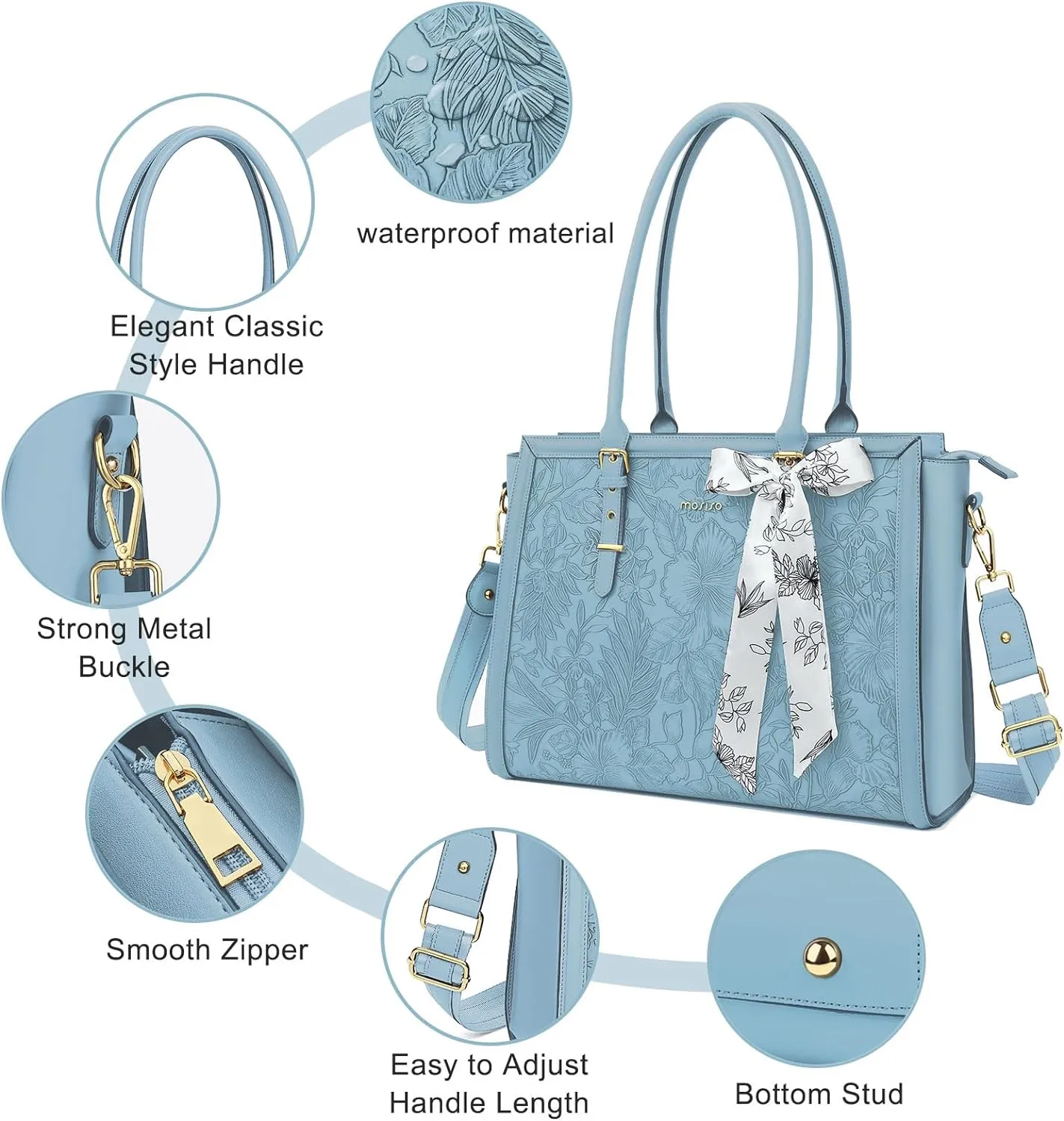 MOSISO Laptop Tote Bag for Women, 15.6-16 inch PU Leather Compatible with MacBook, HP, Dell, Asus Notebook, Front Embossed Retro Hibiscus Computer Bag with Silk Scarf & Clutch Purse, Air Blue