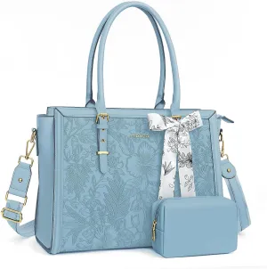 MOSISO Laptop Tote Bag for Women, 15.6-16 inch PU Leather Compatible with MacBook, HP, Dell, Asus Notebook, Front Embossed Retro Hibiscus Computer Bag with Silk Scarf & Clutch Purse, Air Blue