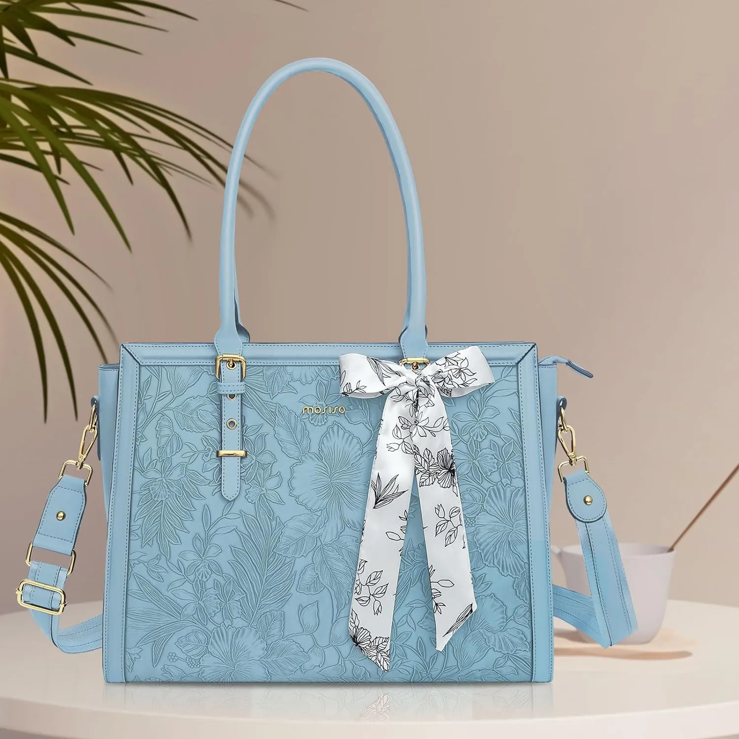 MOSISO Laptop Tote Bag for Women, 15.6-16 inch PU Leather Compatible with MacBook, HP, Dell, Asus Notebook, Front Embossed Retro Hibiscus Computer Bag with Silk Scarf & Clutch Purse, Air Blue