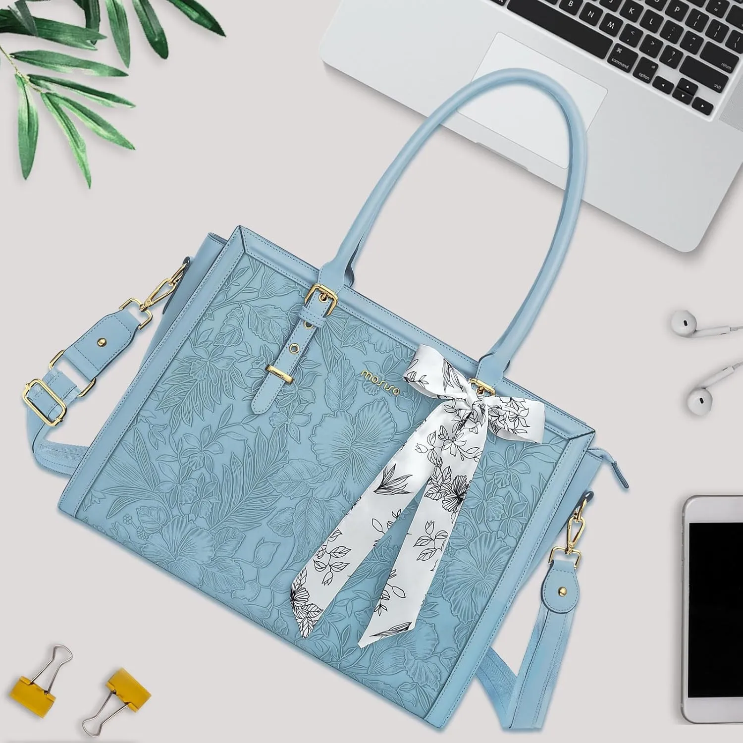 MOSISO Laptop Tote Bag for Women, 15.6-16 inch PU Leather Compatible with MacBook, HP, Dell, Asus Notebook, Front Embossed Retro Hibiscus Computer Bag with Silk Scarf & Clutch Purse, Air Blue