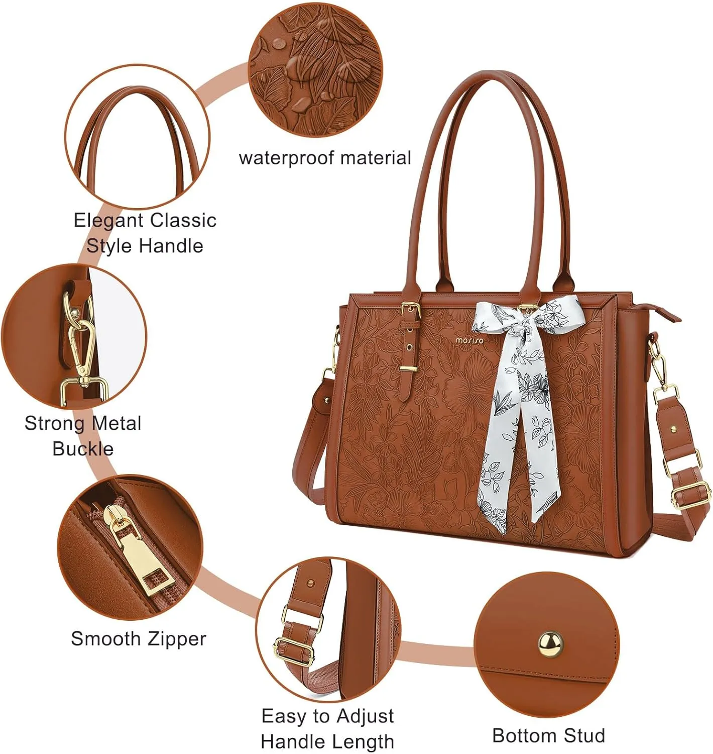 MOSISO Laptop Tote Bag for Women, 15.6-16 inch PU Leather Compatible with MacBook, HP, Dell, Asus Notebook, Front Embossed Retro Hibiscus Computer Bag with Silk Scarf & Clutch Purse, Brown