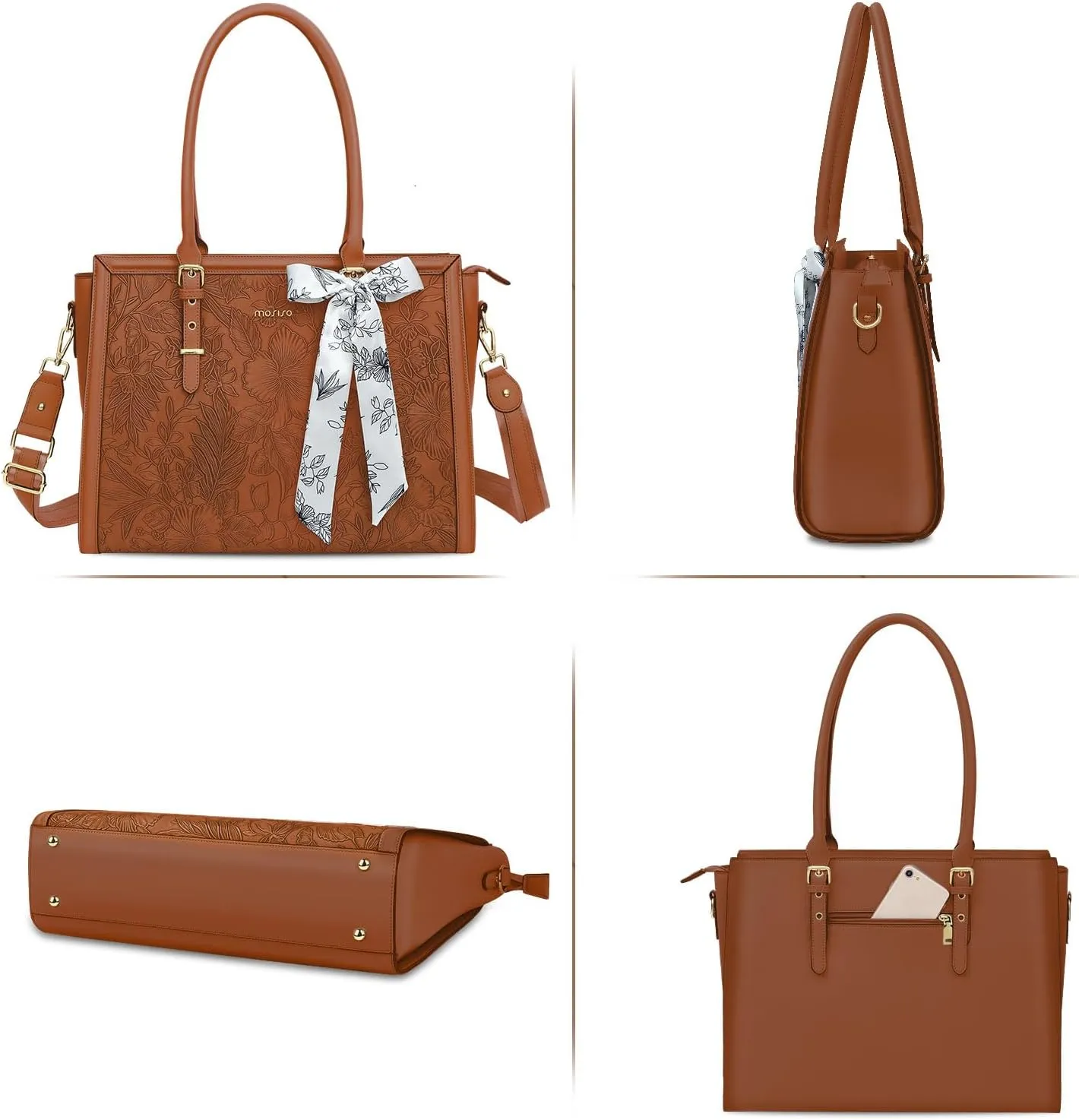 MOSISO Laptop Tote Bag for Women, 15.6-16 inch PU Leather Compatible with MacBook, HP, Dell, Asus Notebook, Front Embossed Retro Hibiscus Computer Bag with Silk Scarf & Clutch Purse, Brown