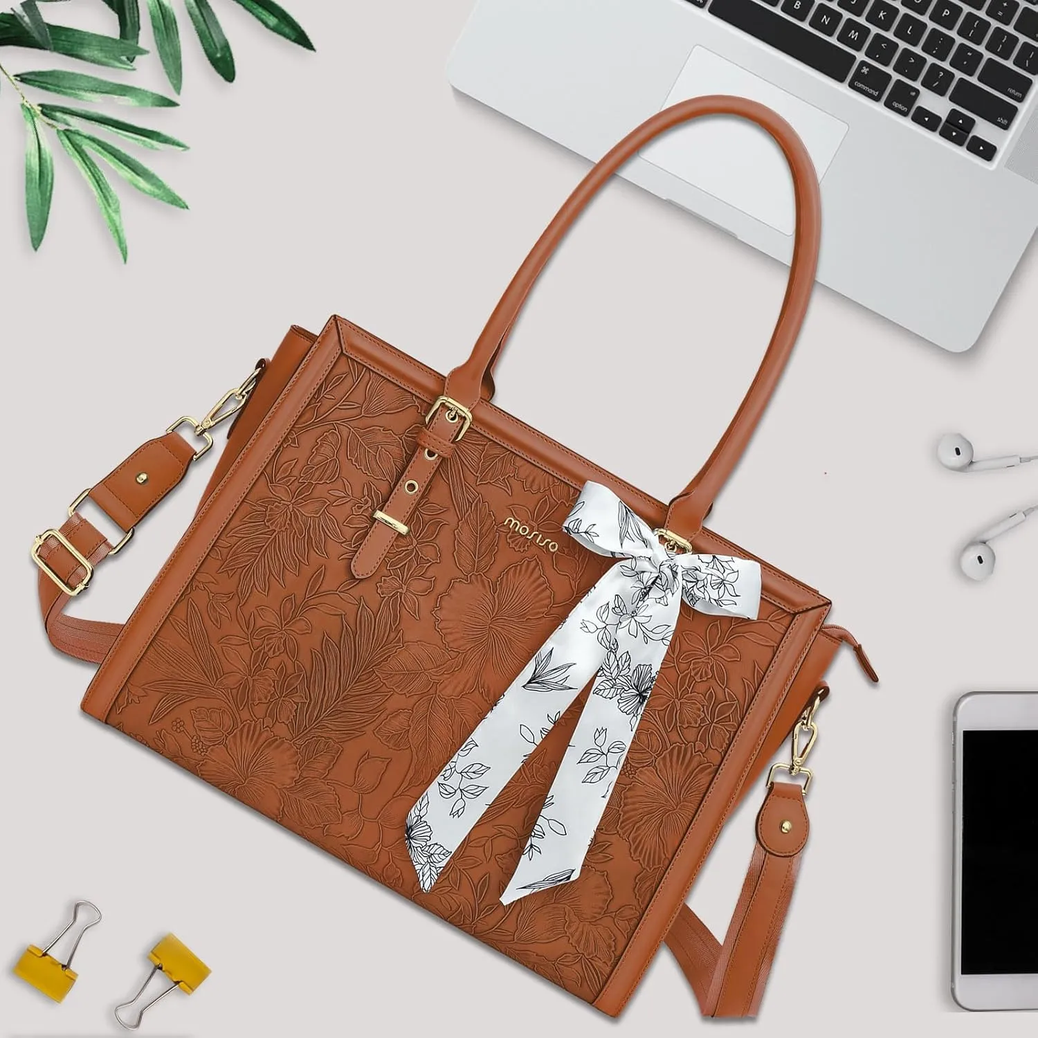 MOSISO Laptop Tote Bag for Women, 15.6-16 inch PU Leather Compatible with MacBook, HP, Dell, Asus Notebook, Front Embossed Retro Hibiscus Computer Bag with Silk Scarf & Clutch Purse, Brown