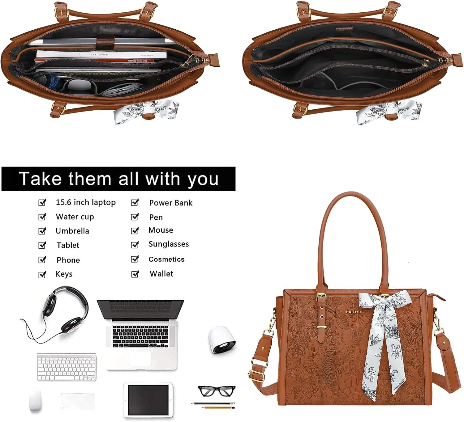 MOSISO Laptop Tote Bag for Women, 15.6-16 inch PU Leather Compatible with MacBook, HP, Dell, Asus Notebook, Front Embossed Retro Hibiscus Computer Bag with Silk Scarf & Clutch Purse, Brown