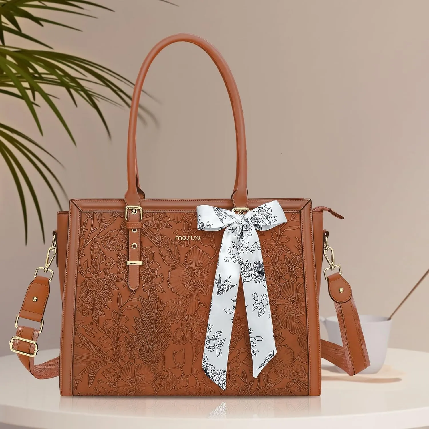 MOSISO Laptop Tote Bag for Women, 15.6-16 inch PU Leather Compatible with MacBook, HP, Dell, Asus Notebook, Front Embossed Retro Hibiscus Computer Bag with Silk Scarf & Clutch Purse, Brown