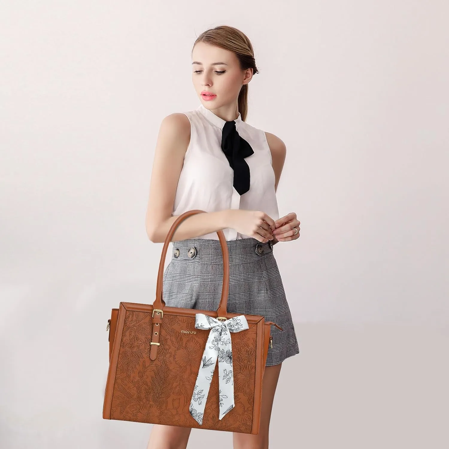 MOSISO Laptop Tote Bag for Women, 15.6-16 inch PU Leather Compatible with MacBook, HP, Dell, Asus Notebook, Front Embossed Retro Hibiscus Computer Bag with Silk Scarf & Clutch Purse, Brown
