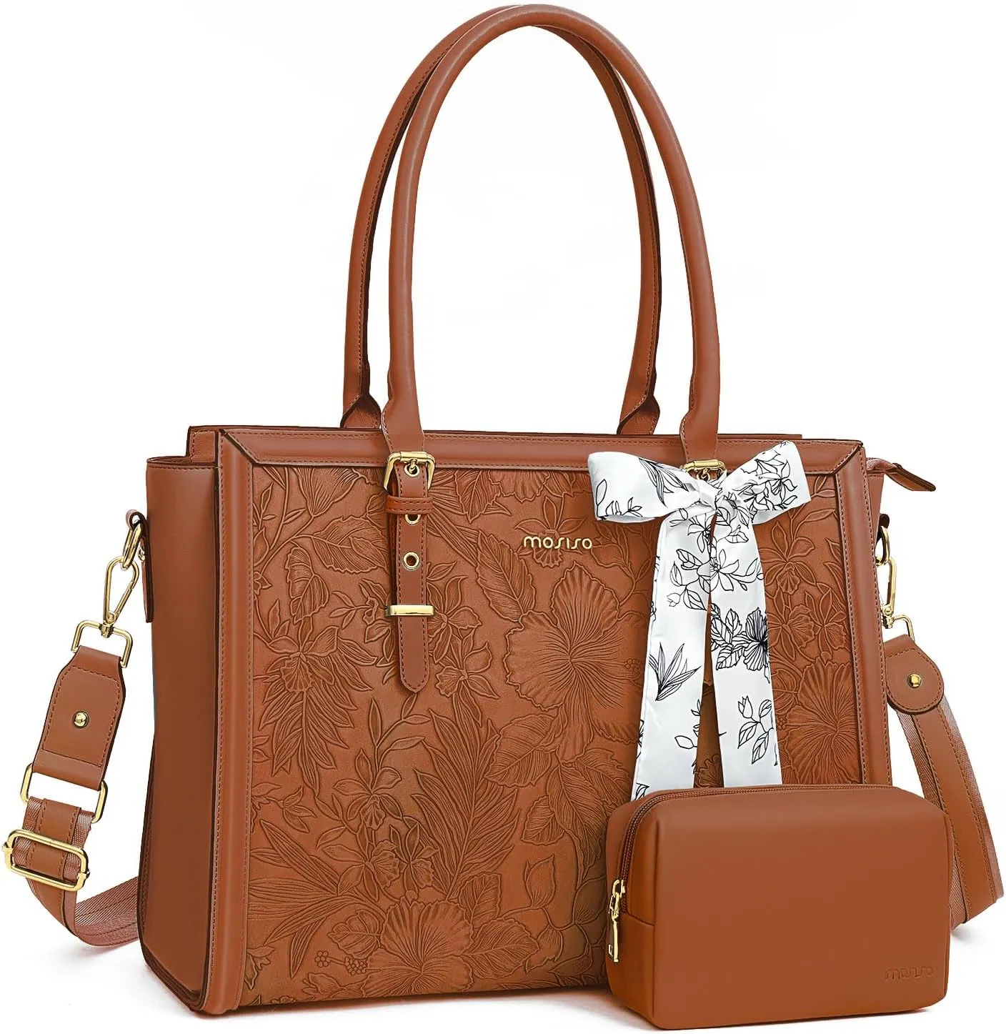 MOSISO Laptop Tote Bag for Women, 15.6-16 inch PU Leather Compatible with MacBook, HP, Dell, Asus Notebook, Front Embossed Retro Hibiscus Computer Bag with Silk Scarf & Clutch Purse, Brown