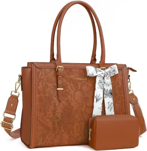 MOSISO Laptop Tote Bag for Women, 15.6-16 inch PU Leather Compatible with MacBook, HP, Dell, Asus Notebook, Front Embossed Retro Hibiscus Computer Bag with Silk Scarf & Clutch Purse, Brown