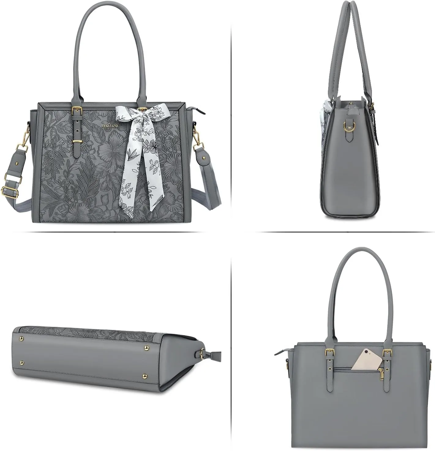MOSISO Laptop Tote Bag for Women, 15.6-16 inch PU Leather, Compatible with MacBook, HP, Dell, Asus Notebook, Front Embossed Retro Hibiscus Computer Bag with Silk Scarf & Clutch Purse, Gray