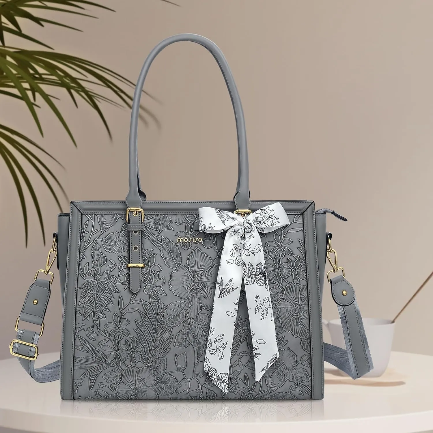 MOSISO Laptop Tote Bag for Women, 15.6-16 inch PU Leather, Compatible with MacBook, HP, Dell, Asus Notebook, Front Embossed Retro Hibiscus Computer Bag with Silk Scarf & Clutch Purse, Gray