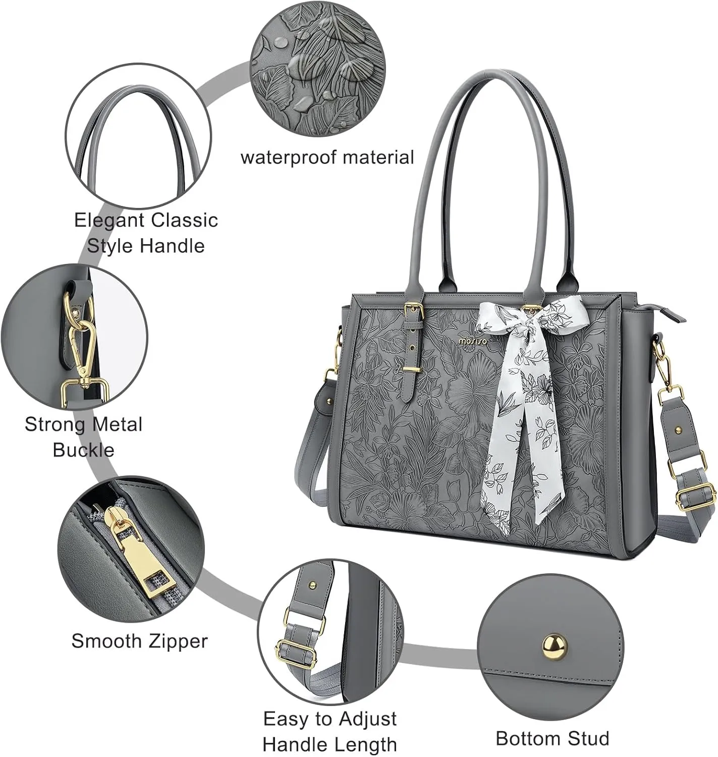 MOSISO Laptop Tote Bag for Women, 15.6-16 inch PU Leather, Compatible with MacBook, HP, Dell, Asus Notebook, Front Embossed Retro Hibiscus Computer Bag with Silk Scarf & Clutch Purse, Gray