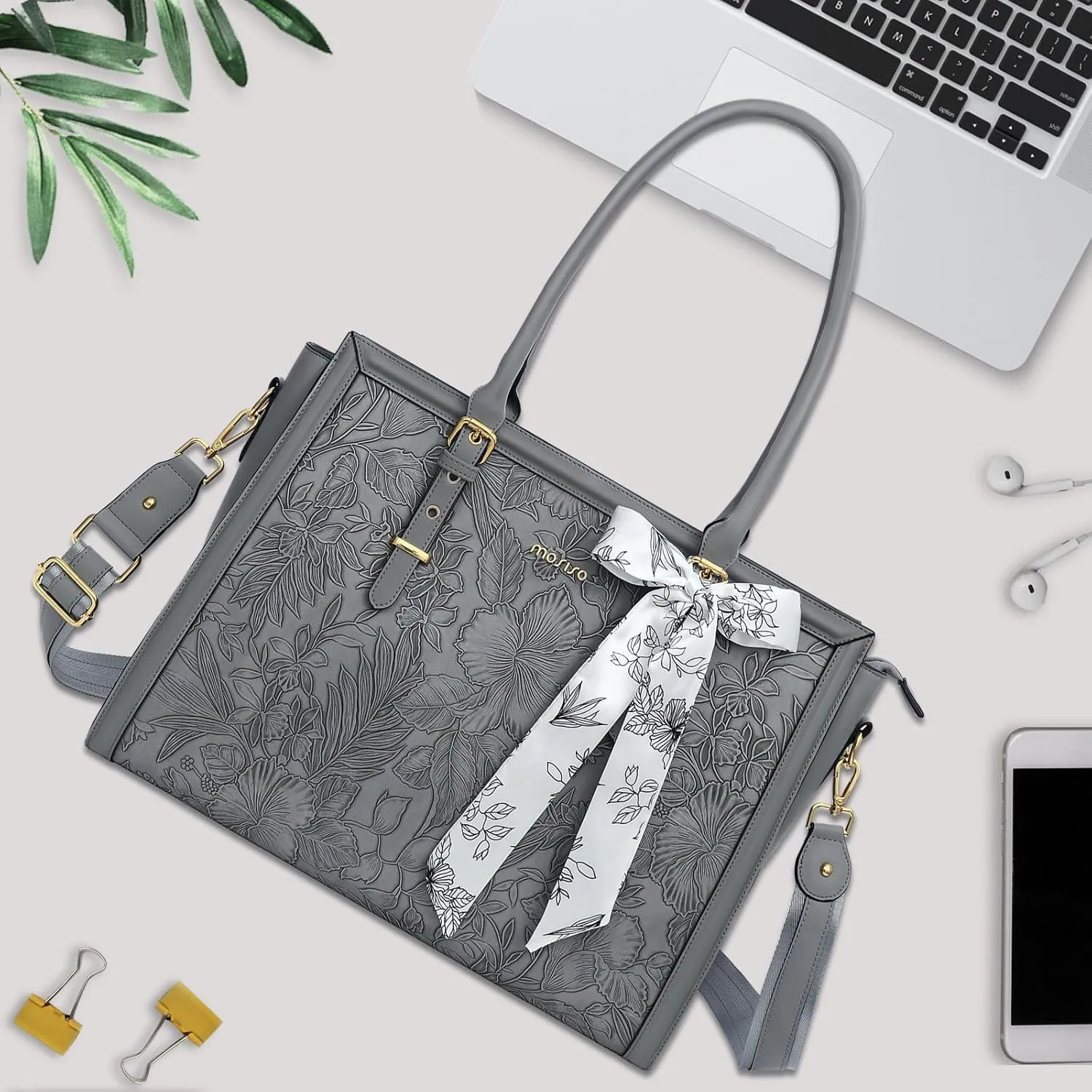 MOSISO Laptop Tote Bag for Women, 15.6-16 inch PU Leather, Compatible with MacBook, HP, Dell, Asus Notebook, Front Embossed Retro Hibiscus Computer Bag with Silk Scarf & Clutch Purse, Gray