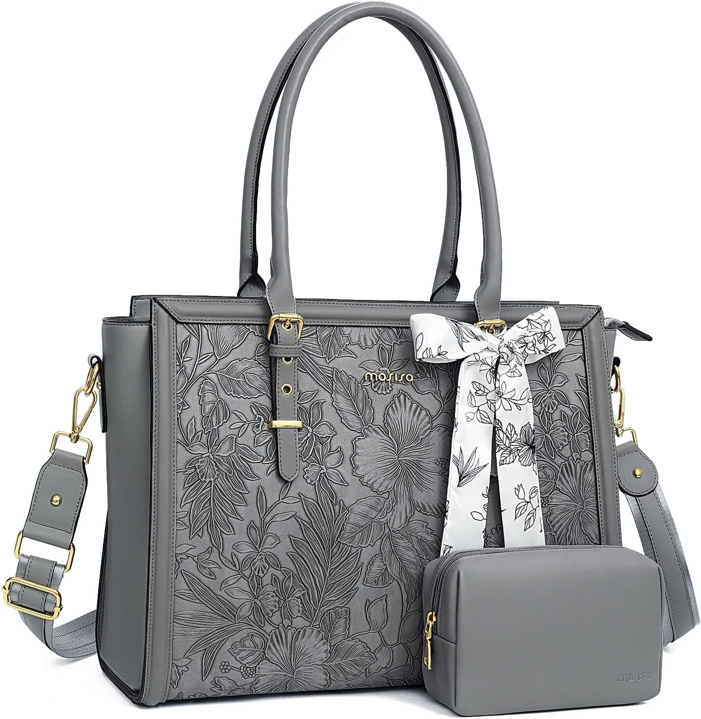 MOSISO Laptop Tote Bag for Women, 15.6-16 inch PU Leather, Compatible with MacBook, HP, Dell, Asus Notebook, Front Embossed Retro Hibiscus Computer Bag with Silk Scarf & Clutch Purse, Gray