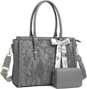 MOSISO Laptop Tote Bag for Women, 15.6-16 inch PU Leather, Compatible with MacBook, HP, Dell, Asus Notebook, Front Embossed Retro Hibiscus Computer Bag with Silk Scarf & Clutch Purse, Gray