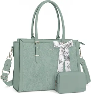 MOSISO Laptop Tote Bag for Women, 15.6-16 inch PU Leather Compatible with MacBook, HP, Dell, Asus Notebook, Front Embossed Retro Hibiscus Computer Bag with Silk Scarf&Clutch Purse, Antique Green
